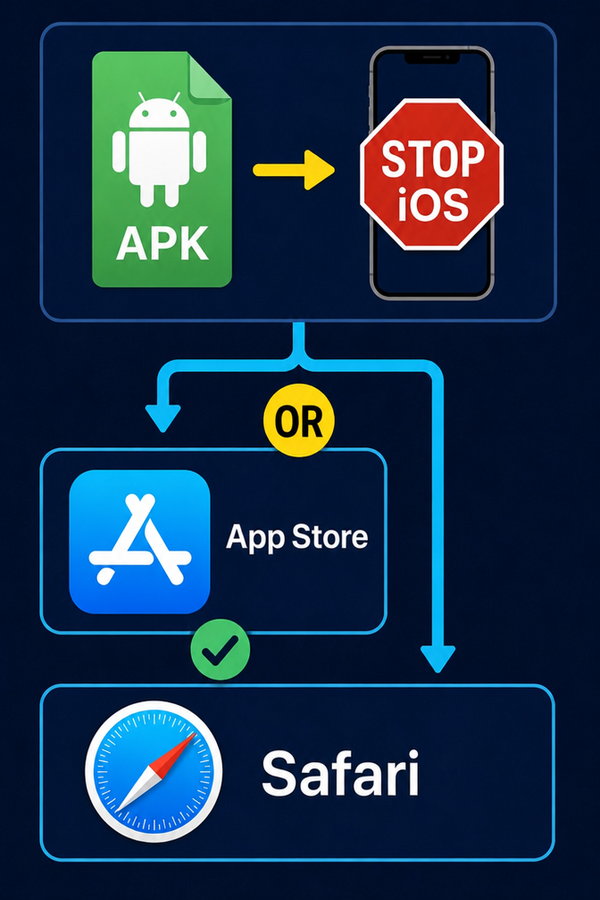 Infographic showing that the APK is blocked on iPhone and that the helpful path goes through the App Store or Safari